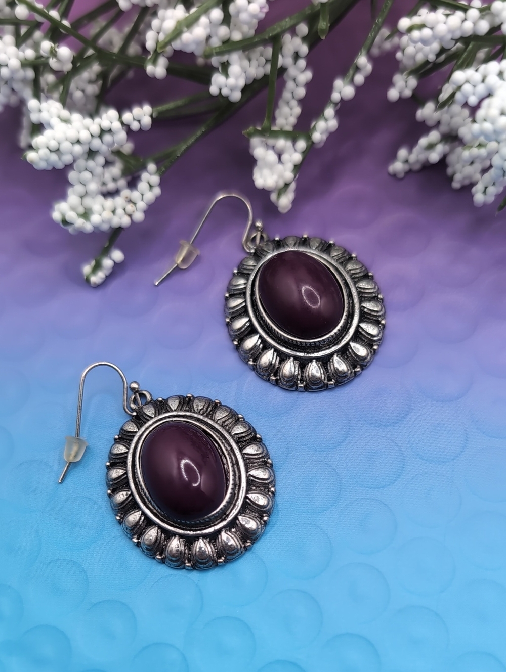CHARTER CLUB Purple Plum & Antique Silver Earrings In Gift Box NWT $36